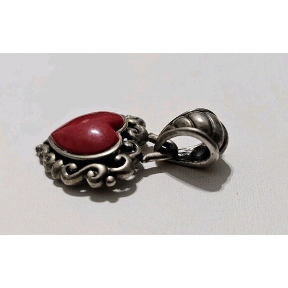 Vintage Sterling Silver 925 Scroll Red Stone Heart Pendant - Picture 5 of 6